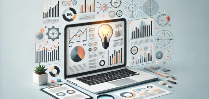 A modern, sleek cover image for an article featuring a laptop, charts, graphs, and a lightbulb, representing business ideas and strategies. The background is a clean, light color.